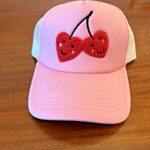 Cherry Heart Snapback Trucker Hat Pink One Size Adjustable Embroidered Mesh Back